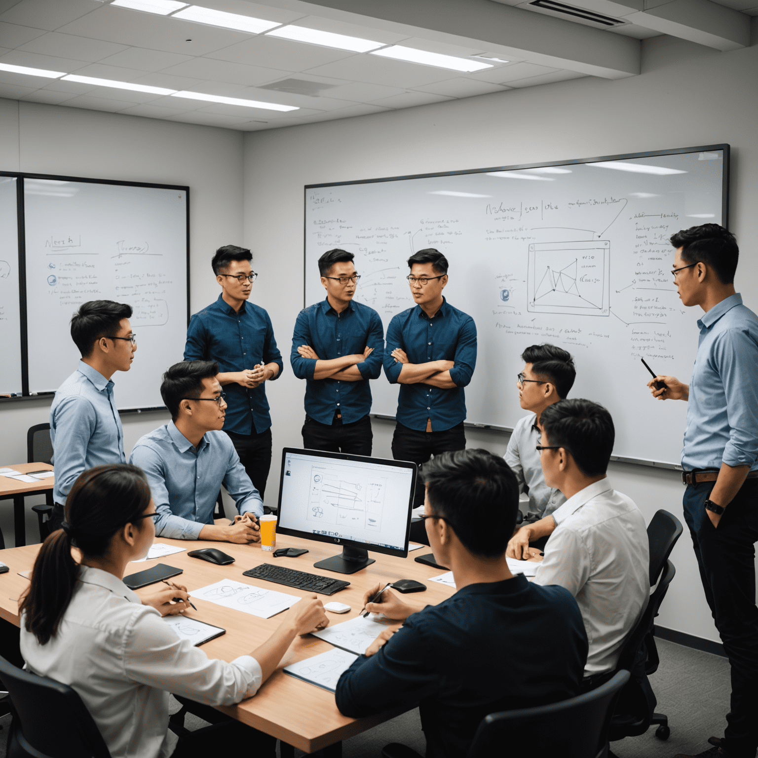 Equipo de instructores de lozahuo_com reunidos en una oficina moderna, discutiendo sobre diseño web frente a una pizarra llena de bocetos de interfaces de usuario