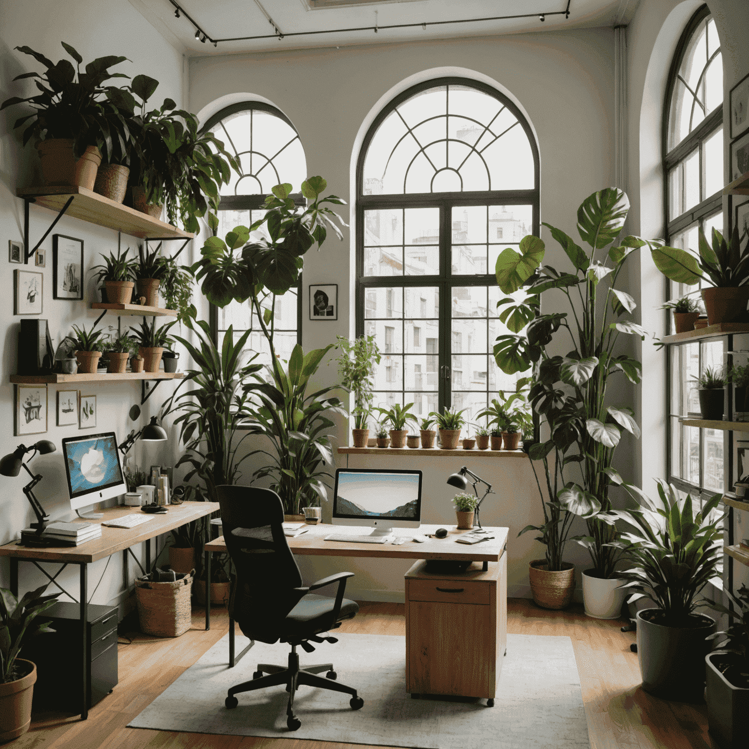 Imagen de la oficina de Lozahuo en Buenos Aires, mostrando un espacio de trabajo moderno y ecológico con plantas, luz natural y personas trabajando en diseño web y UX/UI