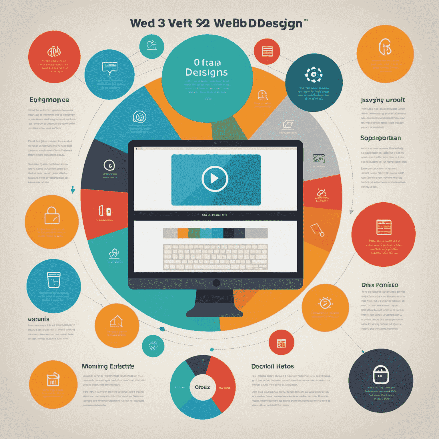 Infografía mostrando los principios básicos del diseño web: layout, color y tipografía